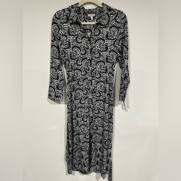 NWT Talbots Belted Black and White Dress Size Large Button Down V Neck Stretch - Picture 3 of 6